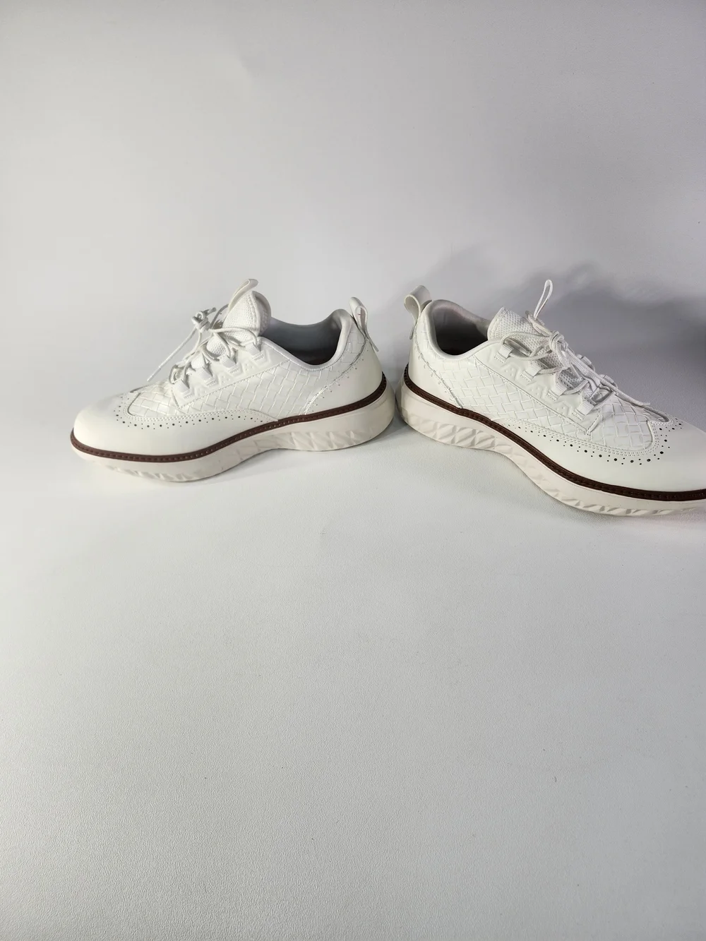 White Men’s Woven Leather Sneakers with Brown Trim